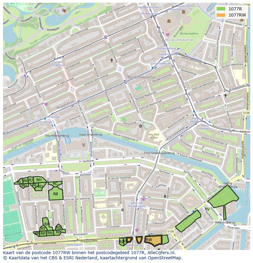Afbeelding van het postcodegebied 1077 RW op de kaart.