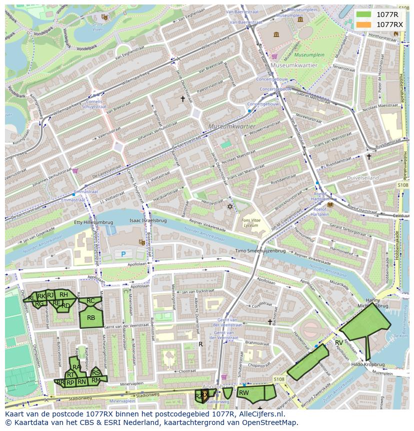 Afbeelding van het postcodegebied 1077 RX op de kaart.