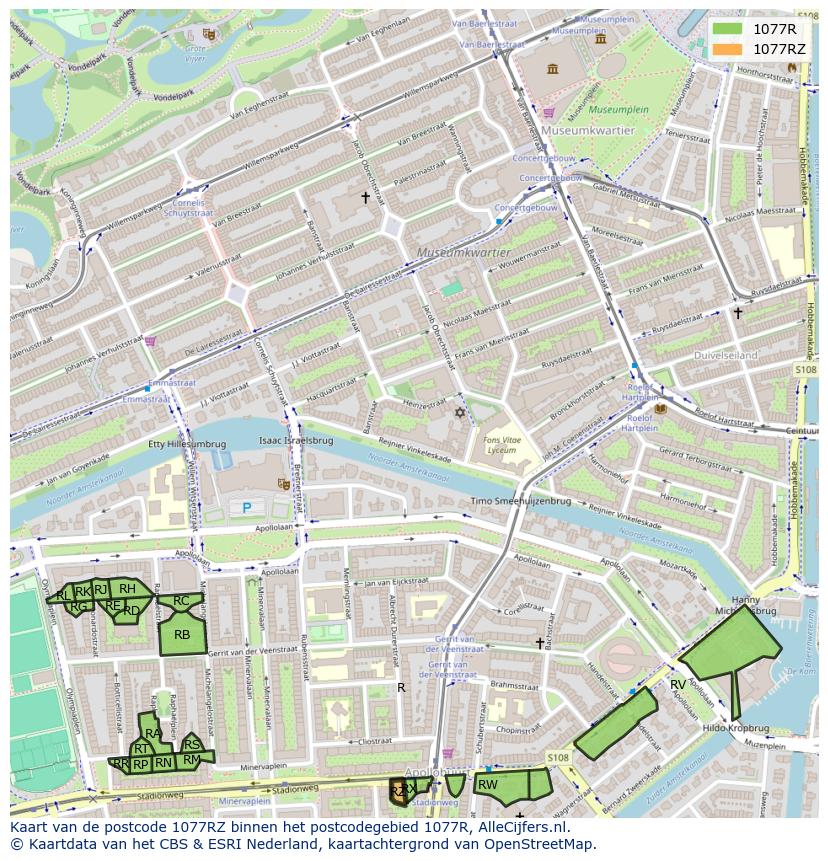 Afbeelding van het postcodegebied 1077 RZ op de kaart.