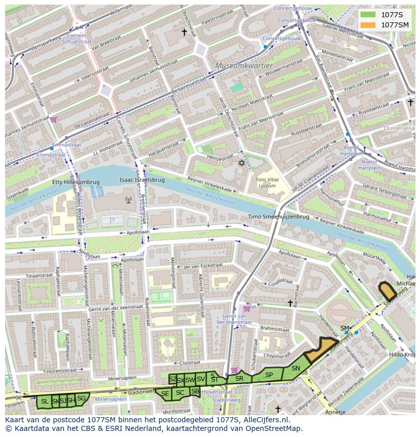 Afbeelding van het postcodegebied 1077 SM op de kaart.
