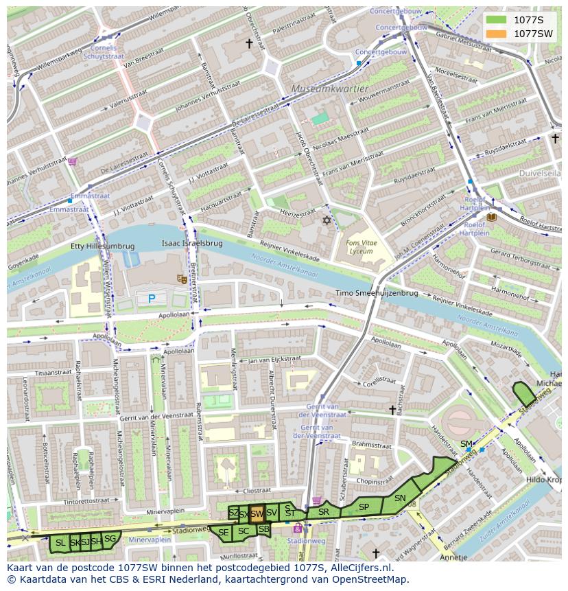 Afbeelding van het postcodegebied 1077 SW op de kaart.
