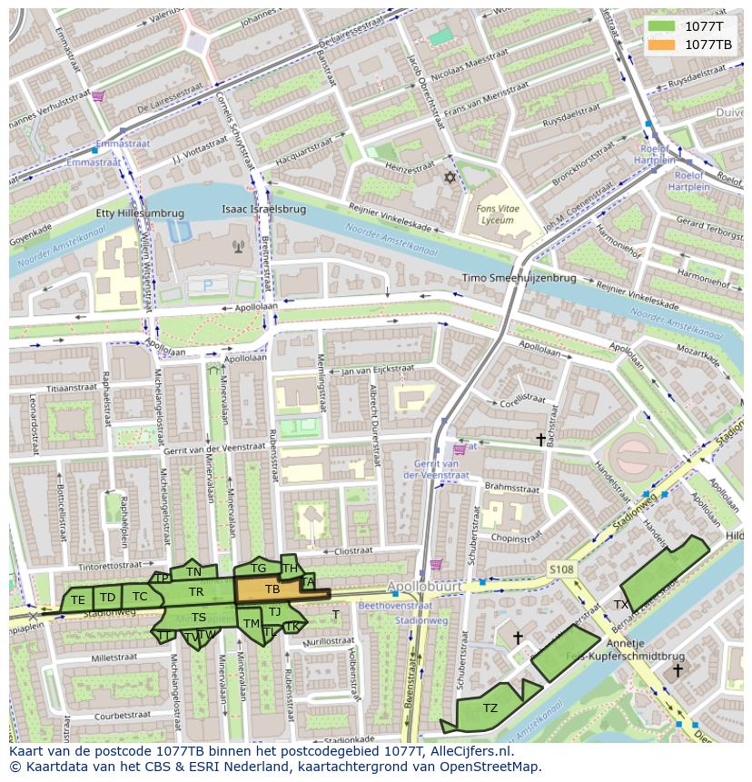 Afbeelding van het postcodegebied 1077 TB op de kaart.