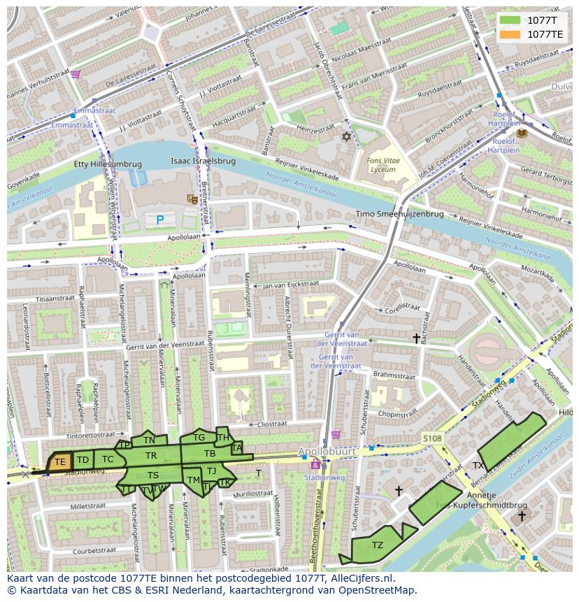 Afbeelding van het postcodegebied 1077 TE op de kaart.
