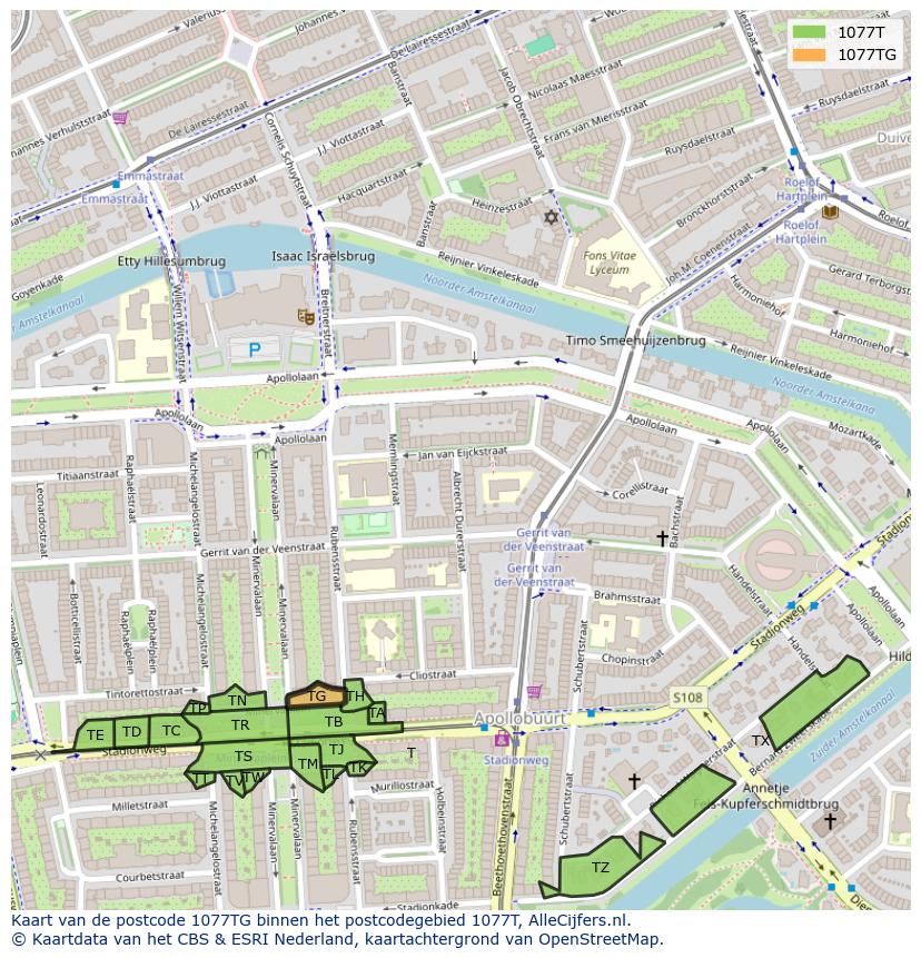Afbeelding van het postcodegebied 1077 TG op de kaart.
