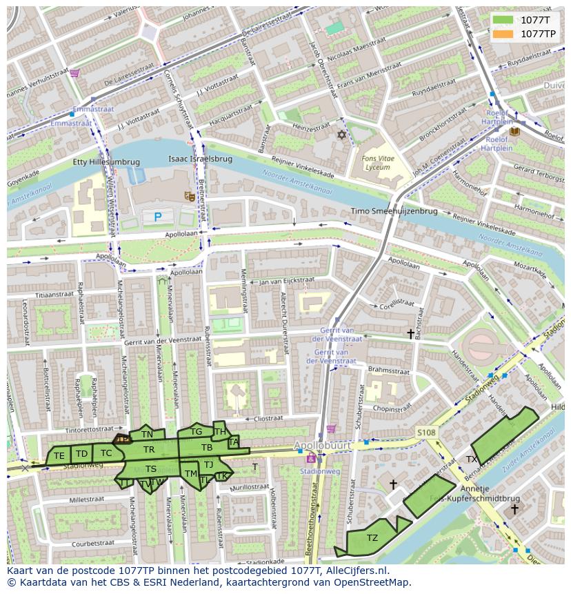 Afbeelding van het postcodegebied 1077 TP op de kaart.