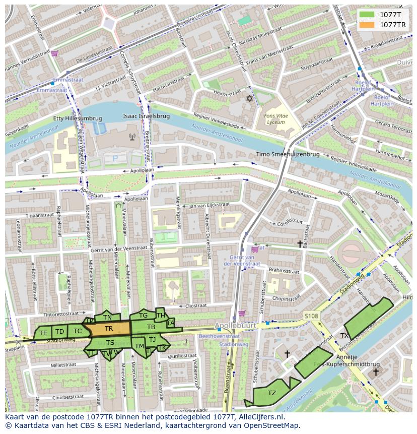 Afbeelding van het postcodegebied 1077 TR op de kaart.