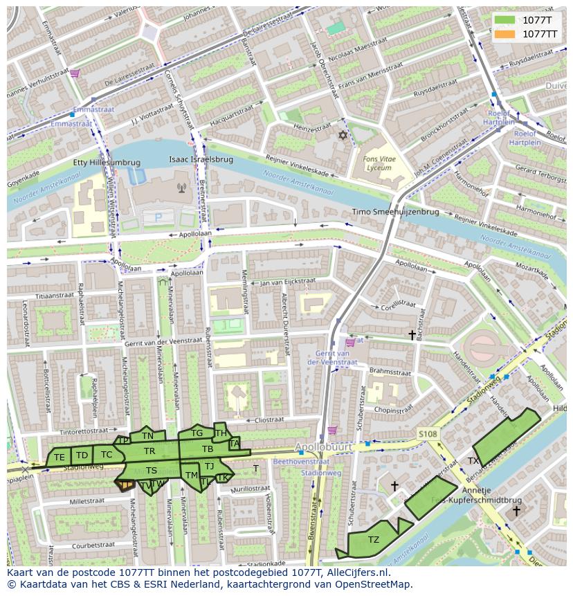 Afbeelding van het postcodegebied 1077 TT op de kaart.