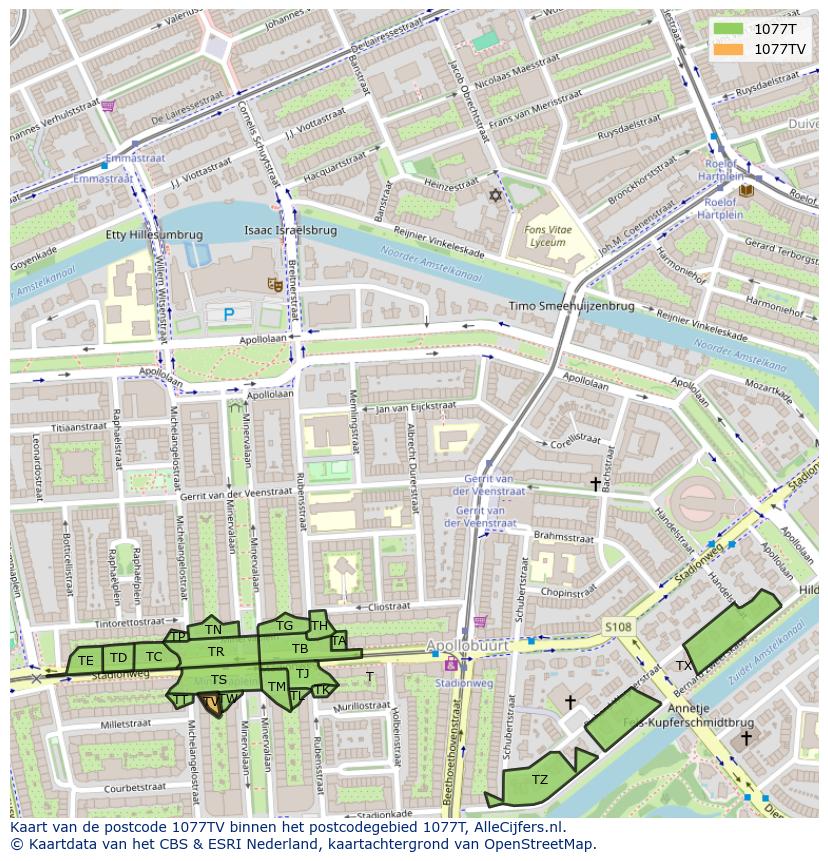 Afbeelding van het postcodegebied 1077 TV op de kaart.