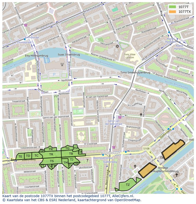 Afbeelding van het postcodegebied 1077 TX op de kaart.