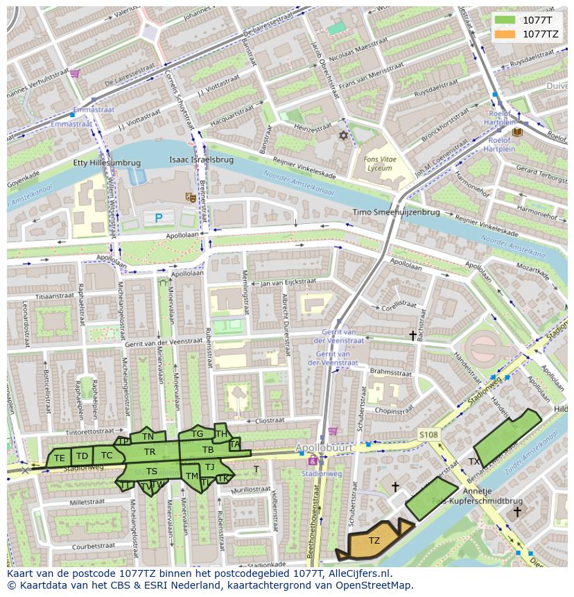 Afbeelding van het postcodegebied 1077 TZ op de kaart.