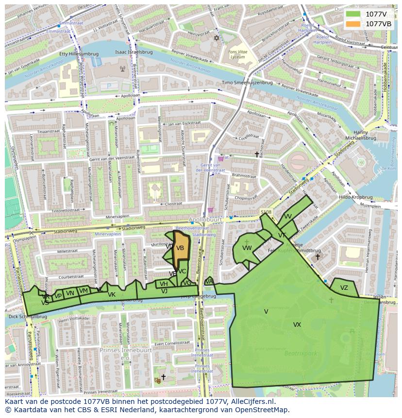 Afbeelding van het postcodegebied 1077 VB op de kaart.