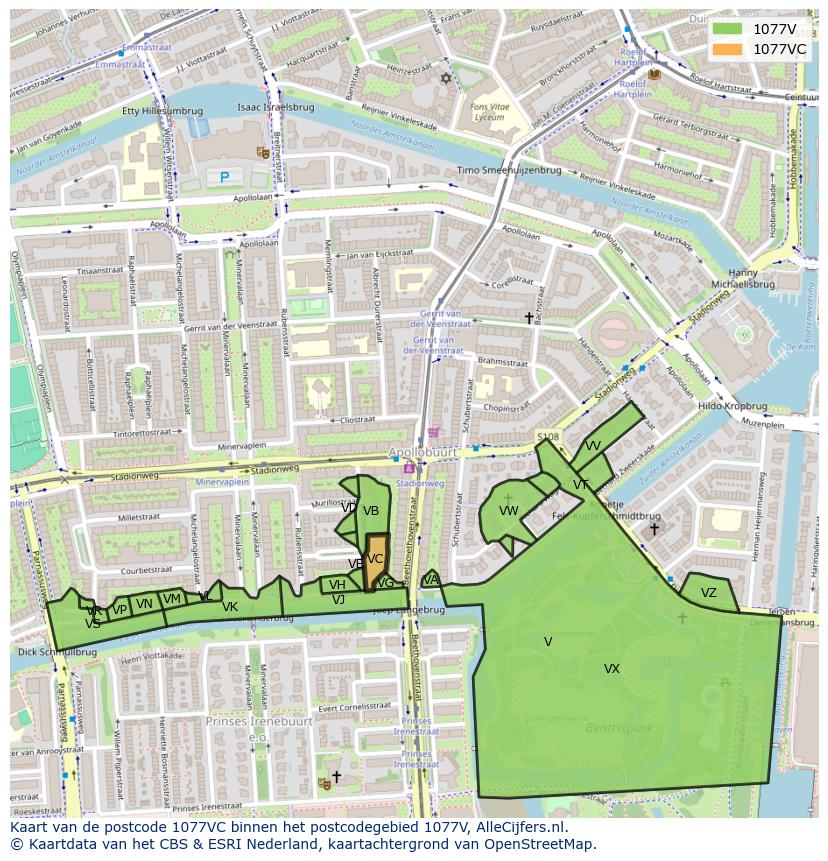 Afbeelding van het postcodegebied 1077 VC op de kaart.