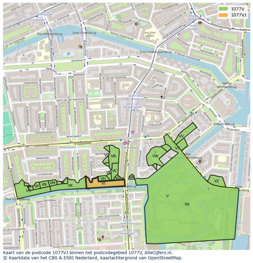 Afbeelding van het postcodegebied 1077 VJ op de kaart.