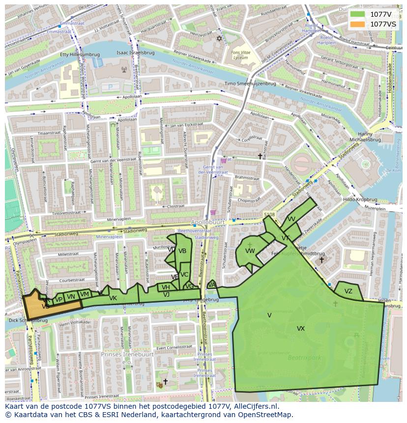 Afbeelding van het postcodegebied 1077 VS op de kaart.