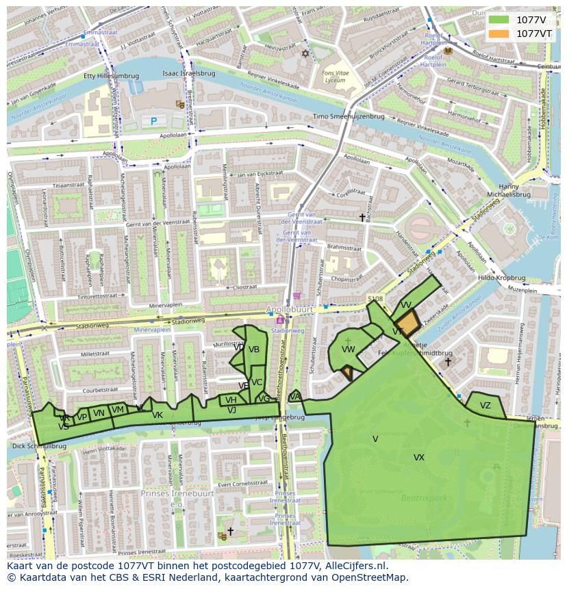 Afbeelding van het postcodegebied 1077 VT op de kaart.