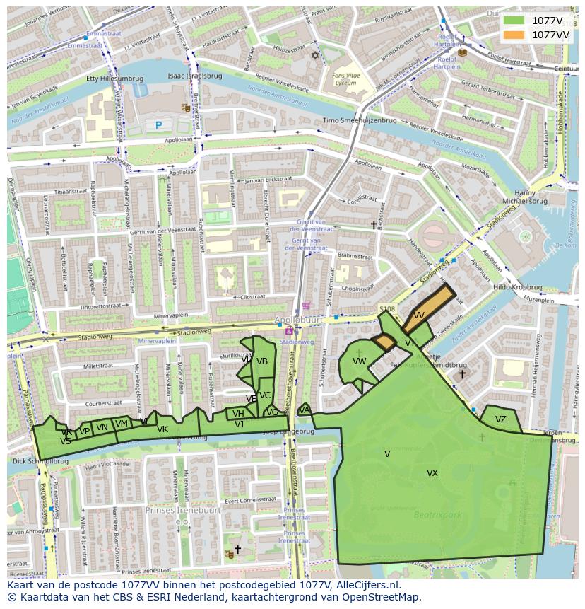 Afbeelding van het postcodegebied 1077 VV op de kaart.