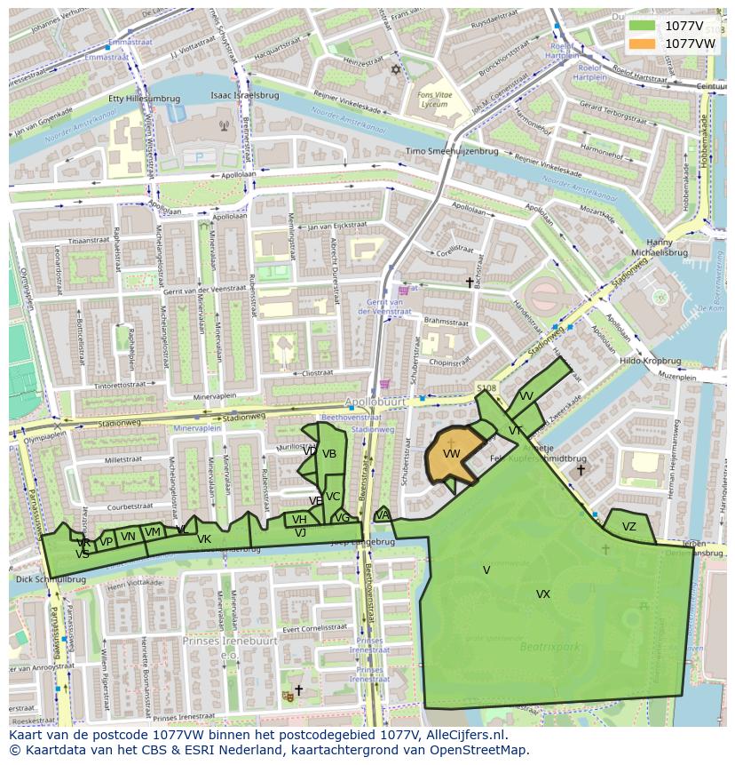 Afbeelding van het postcodegebied 1077 VW op de kaart.
