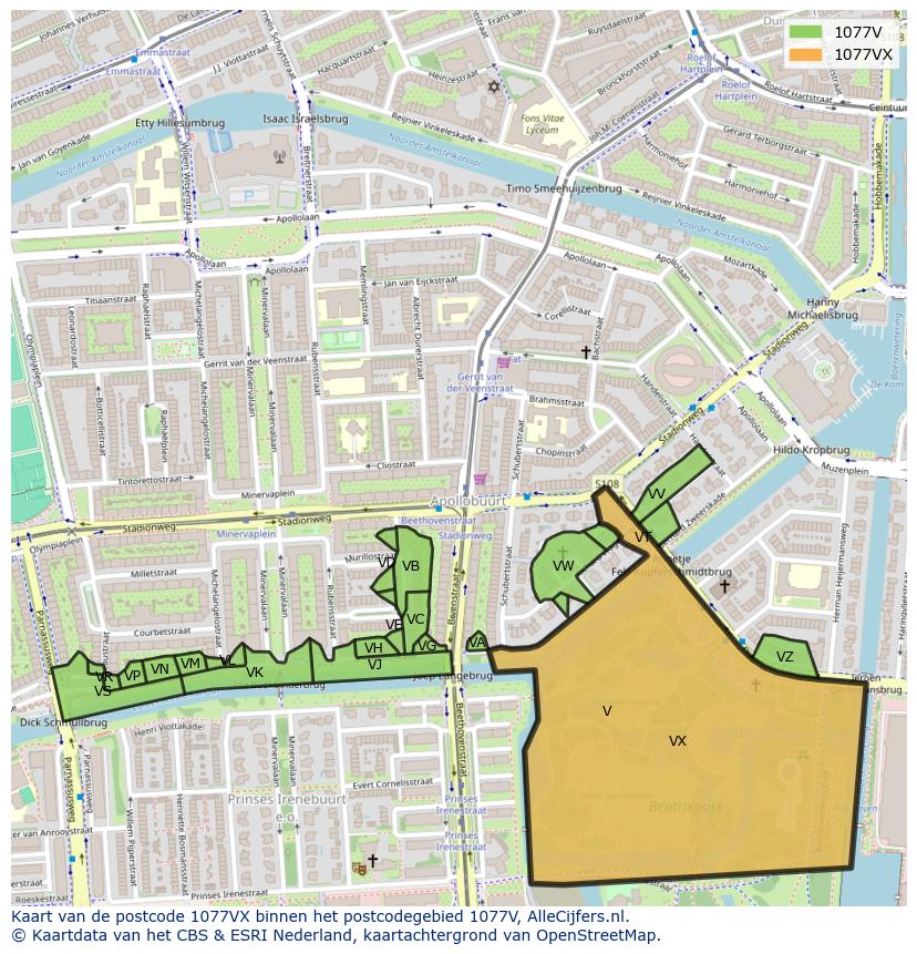 Afbeelding van het postcodegebied 1077 VX op de kaart.