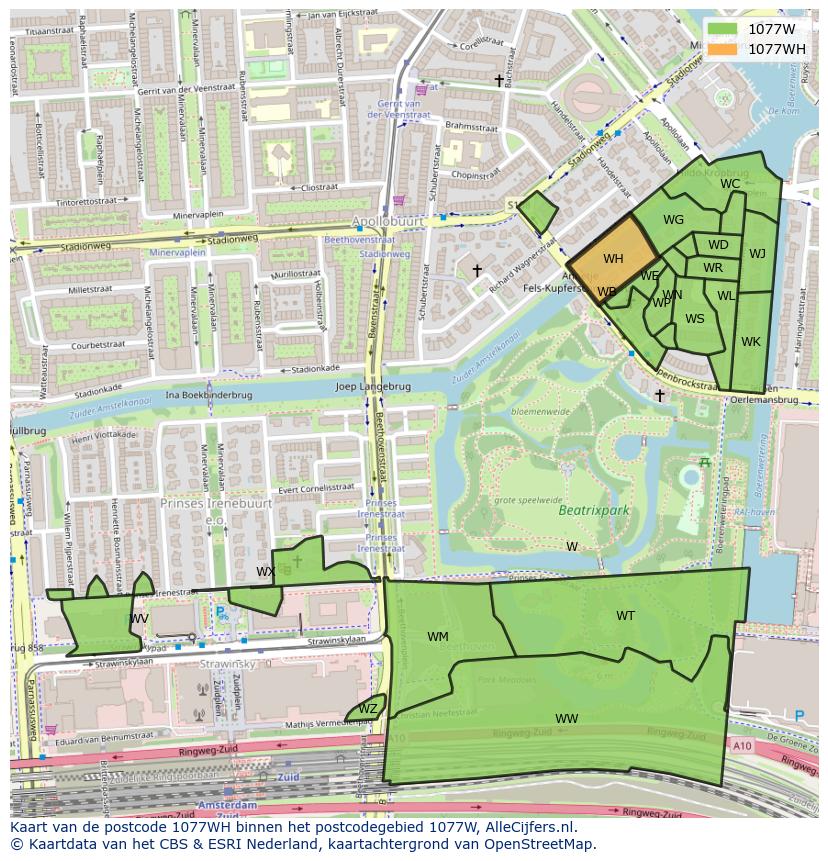 Afbeelding van het postcodegebied 1077 WH op de kaart.