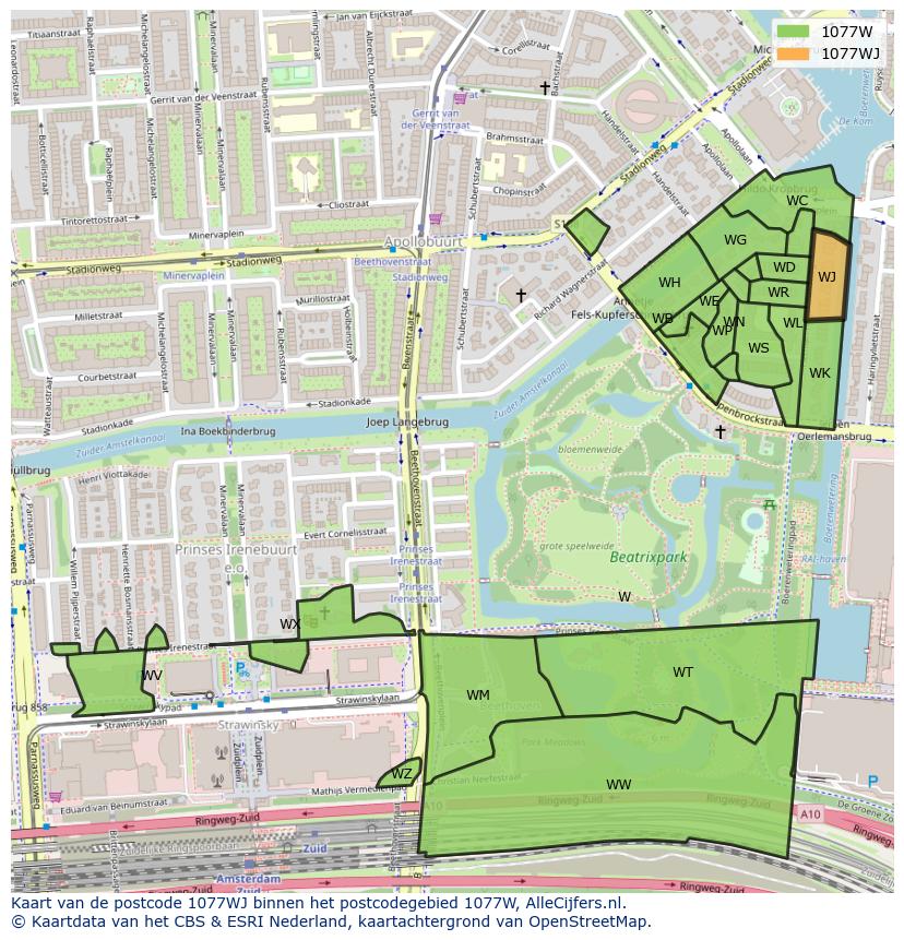 Afbeelding van het postcodegebied 1077 WJ op de kaart.