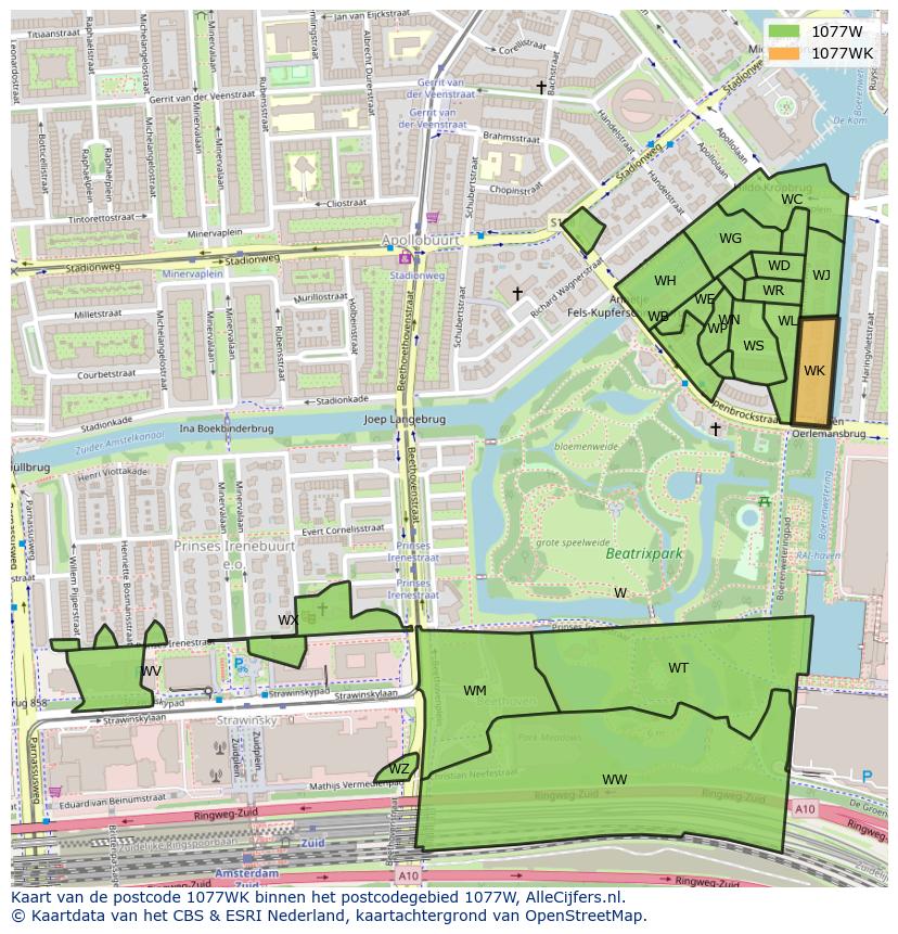 Afbeelding van het postcodegebied 1077 WK op de kaart.