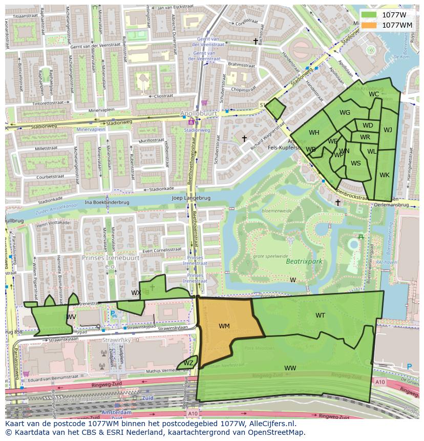 Afbeelding van het postcodegebied 1077 WM op de kaart.