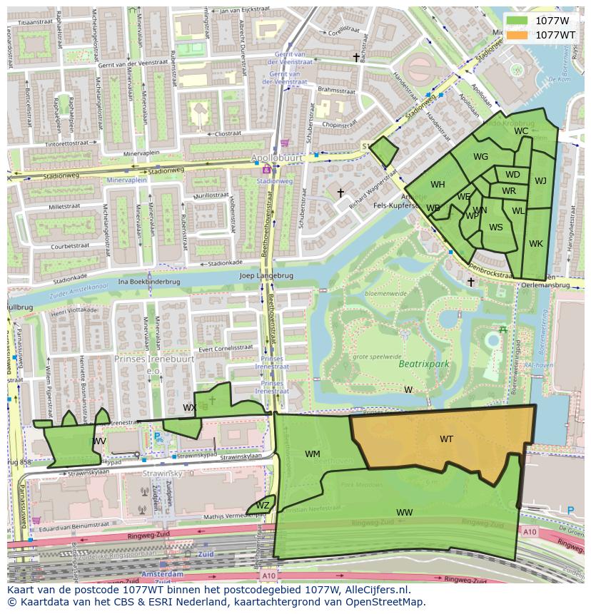 Afbeelding van het postcodegebied 1077 WT op de kaart.