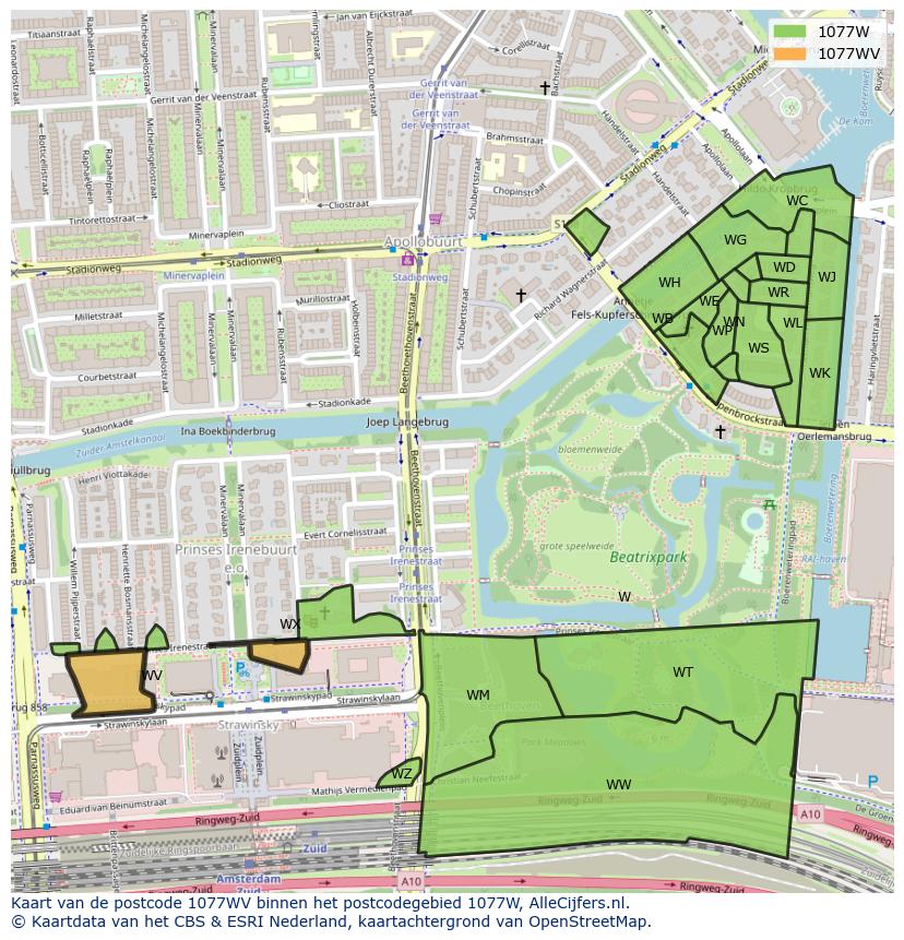 Afbeelding van het postcodegebied 1077 WV op de kaart.