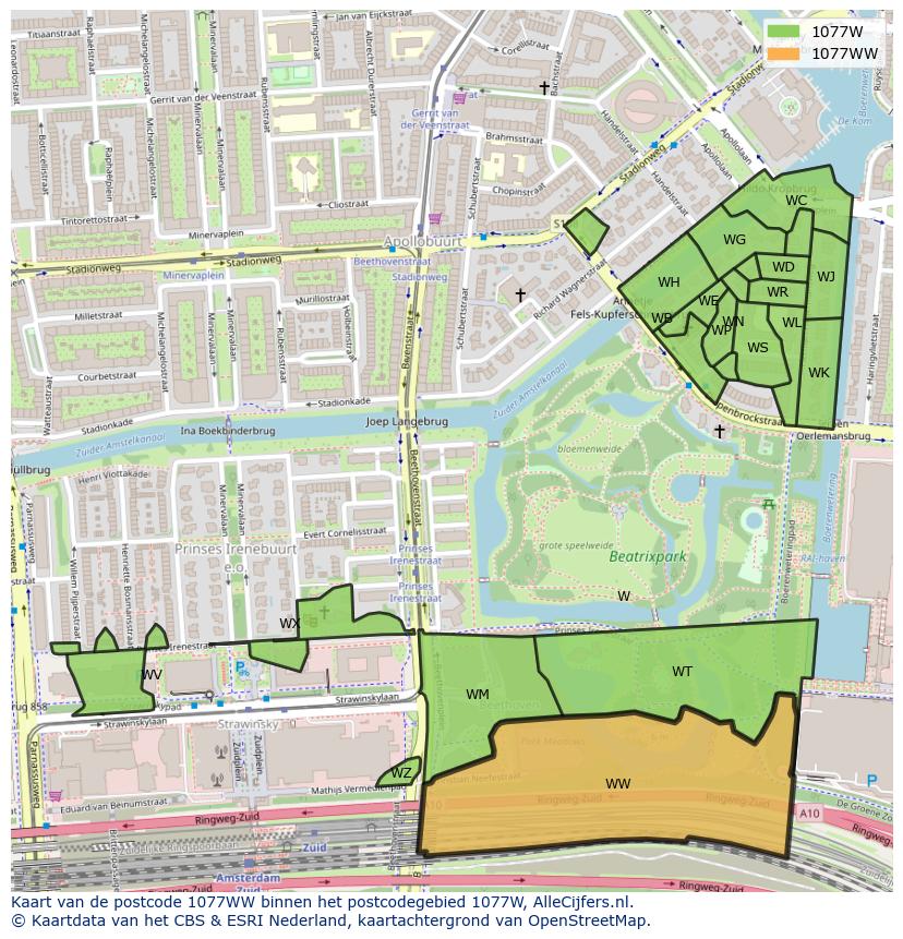 Afbeelding van het postcodegebied 1077 WW op de kaart.