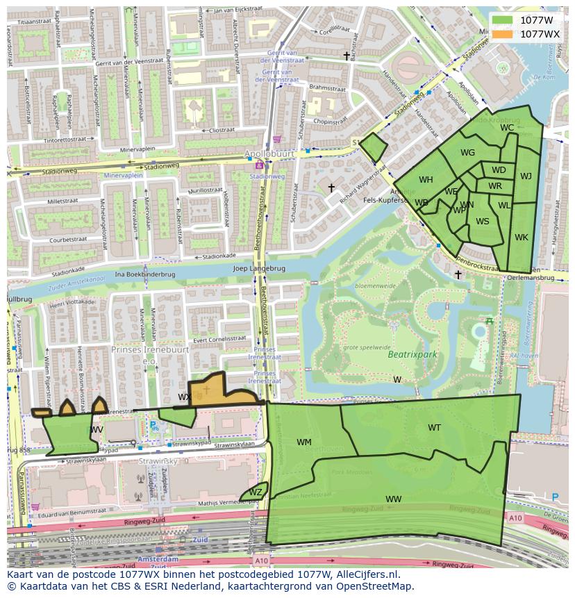 Afbeelding van het postcodegebied 1077 WX op de kaart.