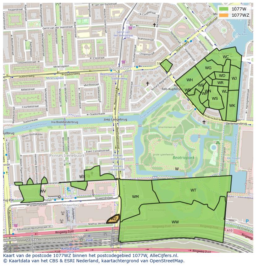 Afbeelding van het postcodegebied 1077 WZ op de kaart.