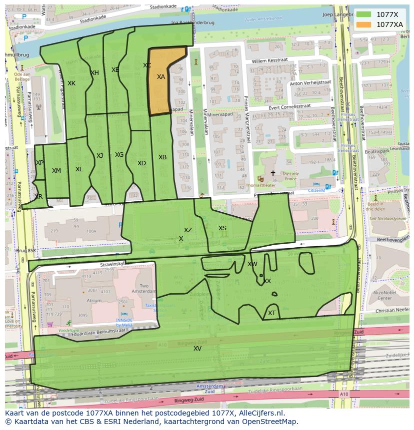 Afbeelding van het postcodegebied 1077 XA op de kaart.