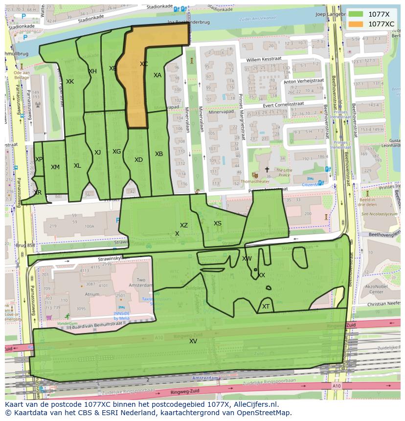 Afbeelding van het postcodegebied 1077 XC op de kaart.