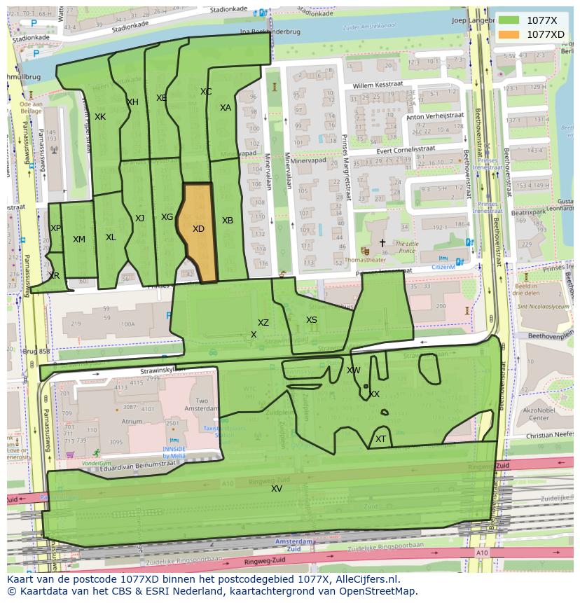 Afbeelding van het postcodegebied 1077 XD op de kaart.