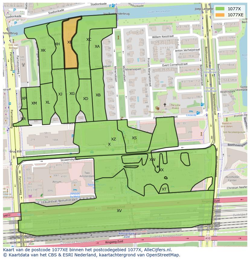 Afbeelding van het postcodegebied 1077 XE op de kaart.