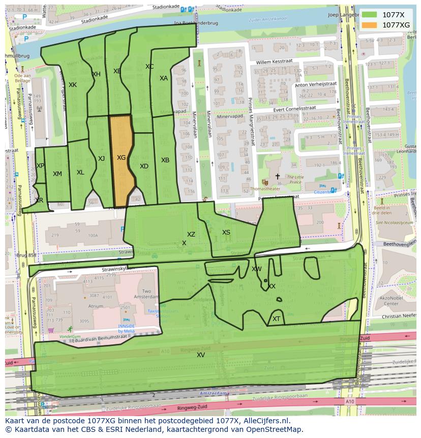 Afbeelding van het postcodegebied 1077 XG op de kaart.