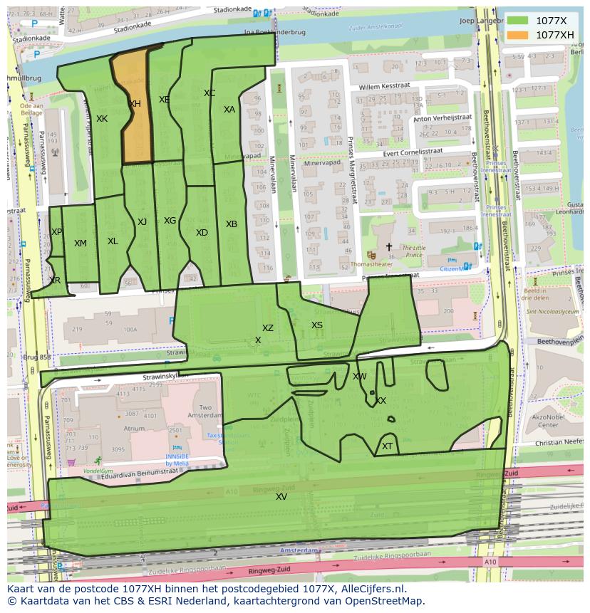 Afbeelding van het postcodegebied 1077 XH op de kaart.
