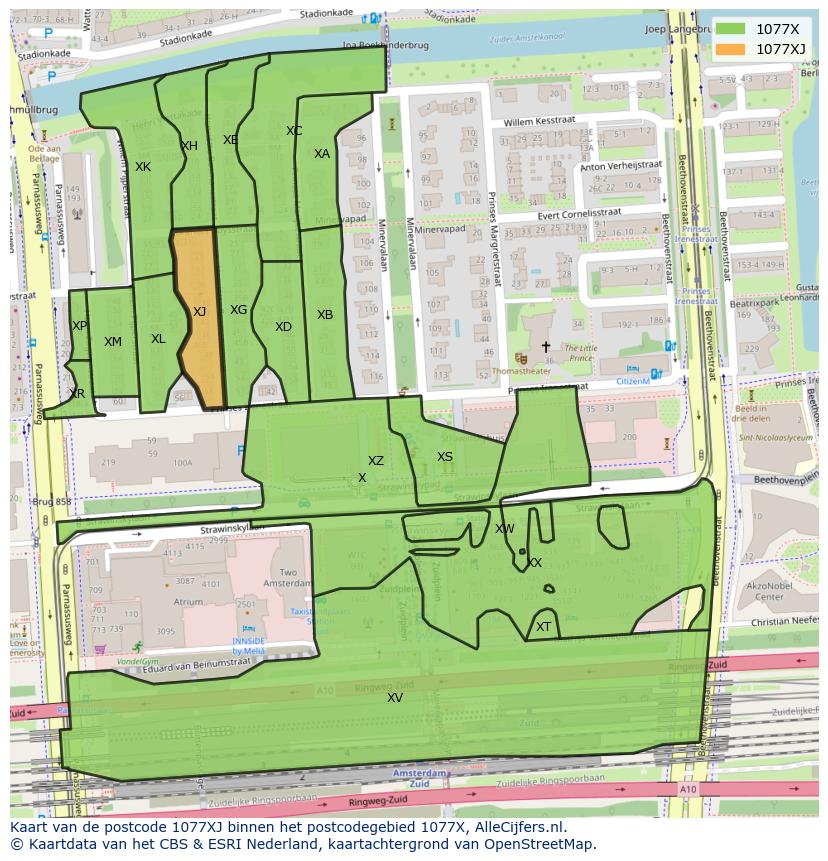 Afbeelding van het postcodegebied 1077 XJ op de kaart.