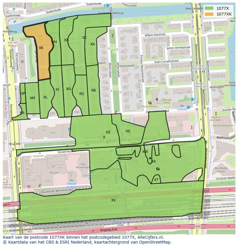 Afbeelding van het postcodegebied 1077 XK op de kaart.