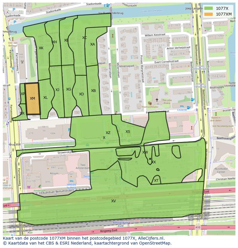 Afbeelding van het postcodegebied 1077 XM op de kaart.