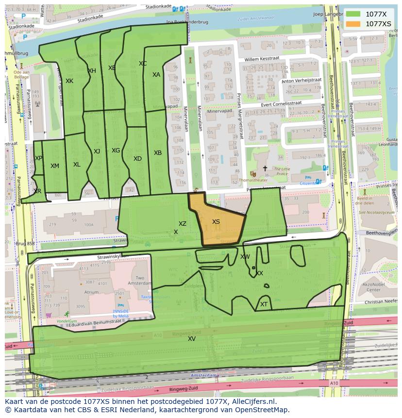 Afbeelding van het postcodegebied 1077 XS op de kaart.