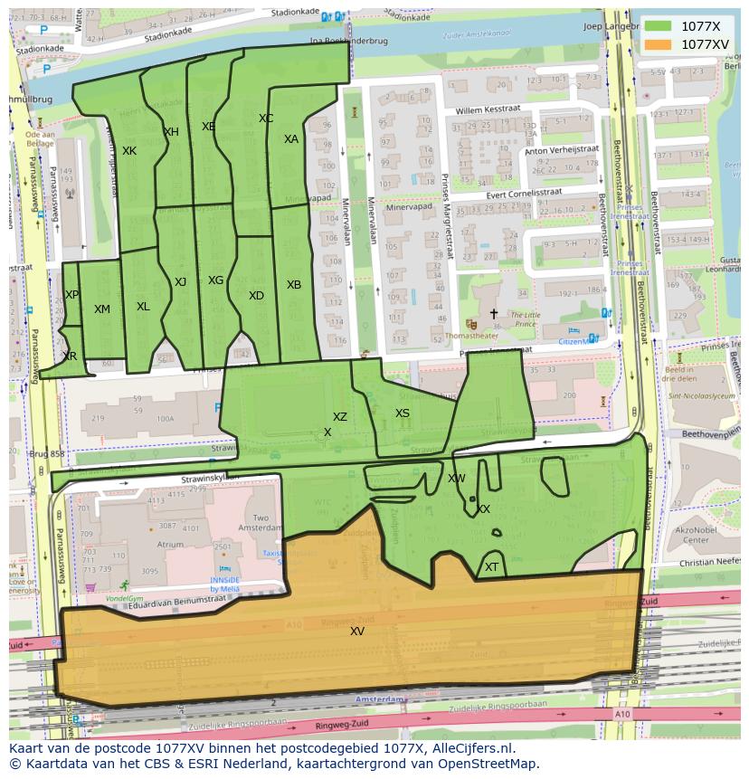 Afbeelding van het postcodegebied 1077 XV op de kaart.