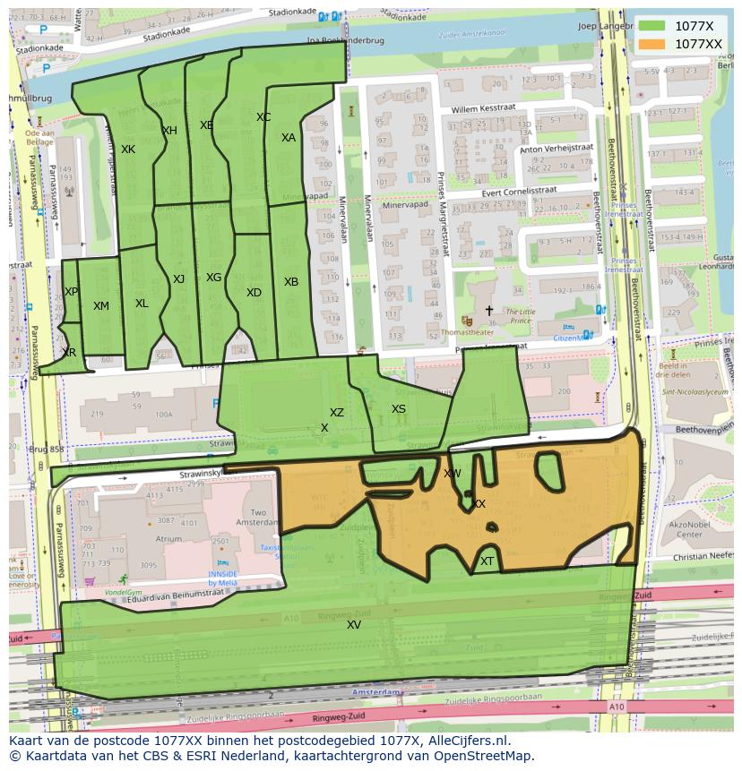Afbeelding van het postcodegebied 1077 XX op de kaart.