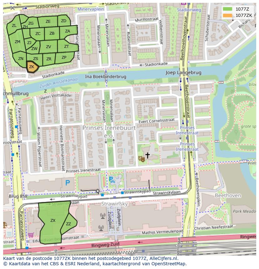 Afbeelding van het postcodegebied 1077 ZK op de kaart.