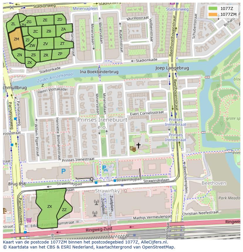 Afbeelding van het postcodegebied 1077 ZM op de kaart.