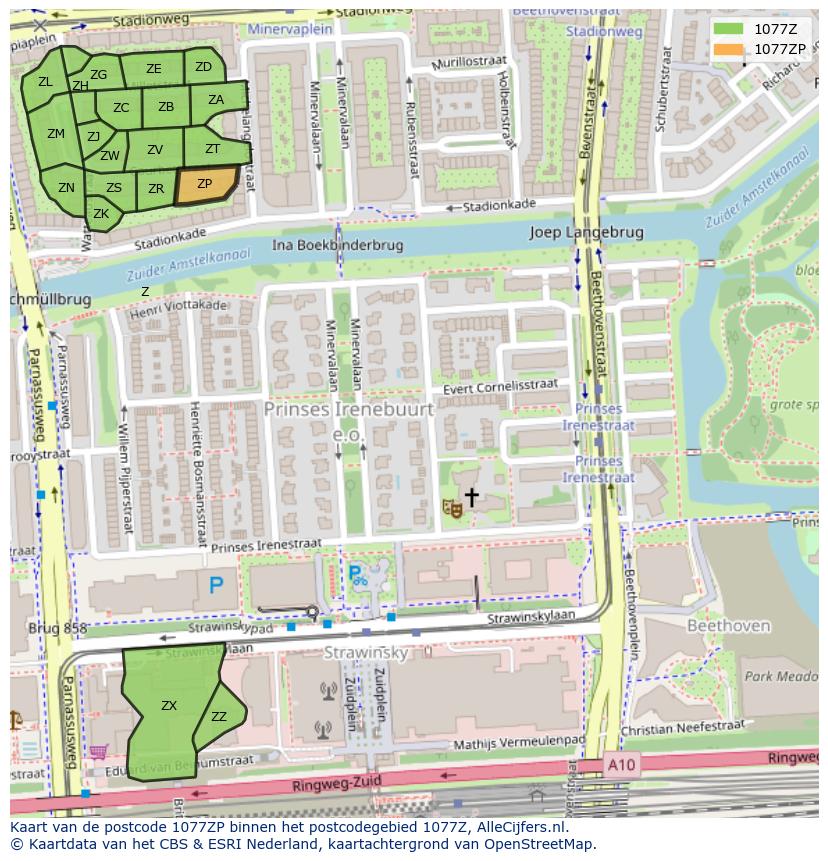 Afbeelding van het postcodegebied 1077 ZP op de kaart.
