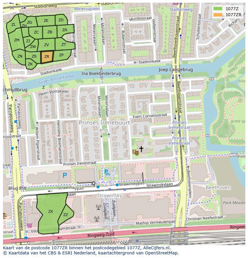 Afbeelding van het postcodegebied 1077 ZR op de kaart.