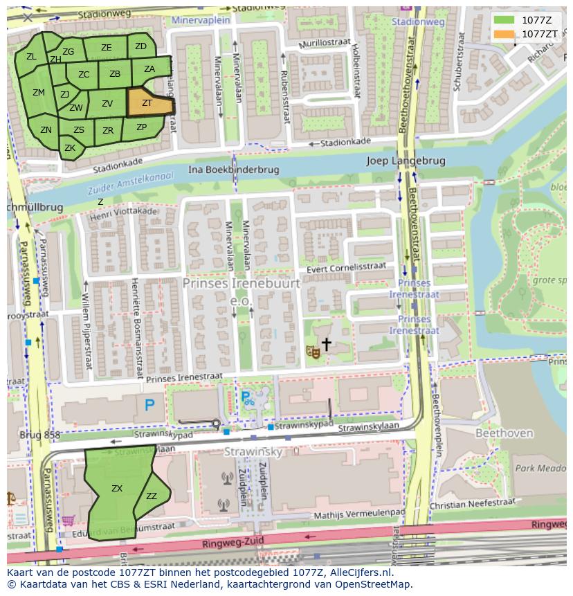 Afbeelding van het postcodegebied 1077 ZT op de kaart.