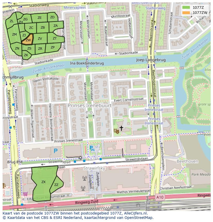 Afbeelding van het postcodegebied 1077 ZW op de kaart.