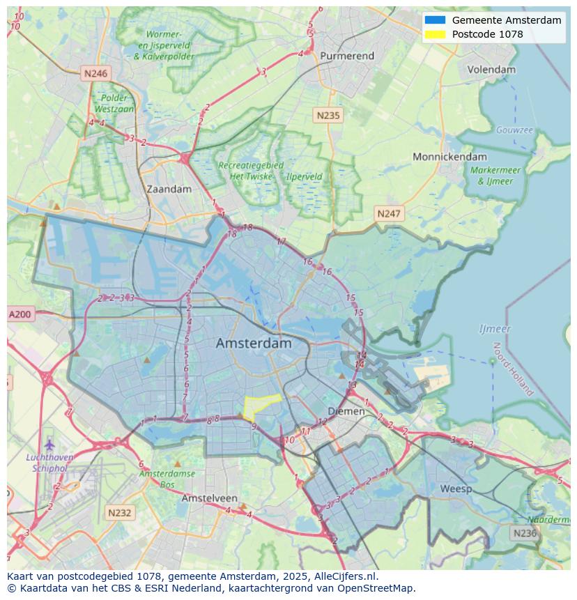 Afbeelding van het postcodegebied 1078 op de kaart.